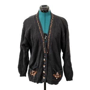 Vintage Urban Outfitters Linen/Cotton Cardigan Sweater Black Brown Floral Embroi